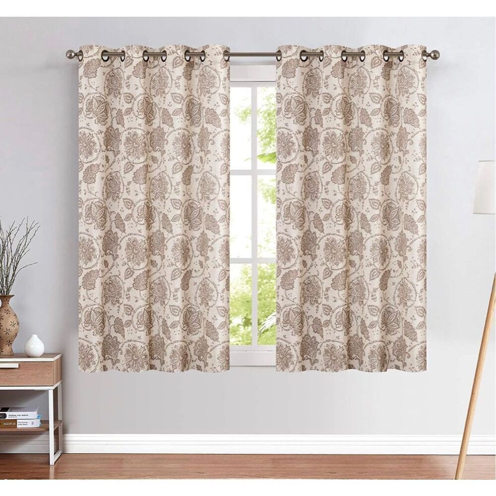 NEW Floral Scroll Linen Curtains 63” Length 1 panel Taupe Grommet